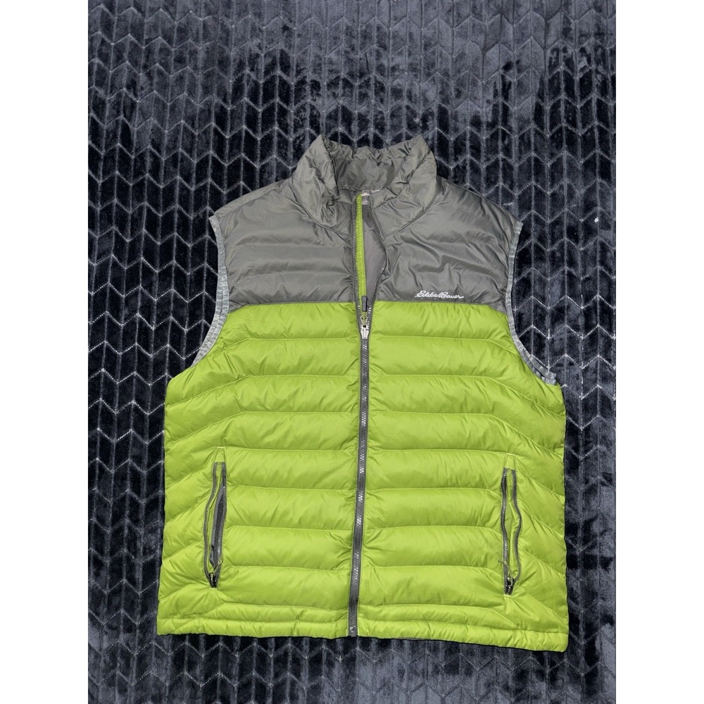 Eddie Bauer Men's Puffer Vest Down Green Grey Jacket Packable Lightweight Sz L
